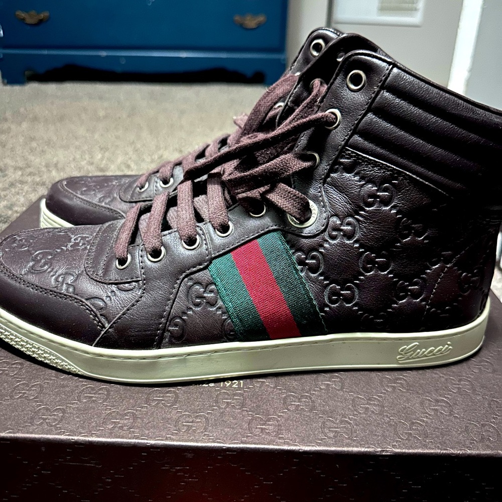 Gucci Grid brown and red high tops. Barely worn, great condition!